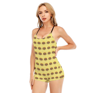 Rossolini1 Lemon Women's Backless Romper With Black Straps