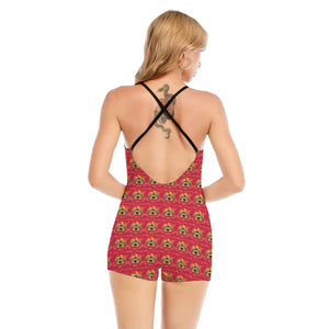 Rossolini1 Red Women's Backless Romper With Black Straps