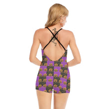 Rossolini1 Purple/Black Women's Backless Romper With Black Straps
