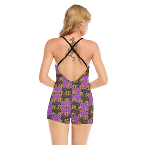 Rossolini1 Purple/Black Women's Backless Romper With Black Straps