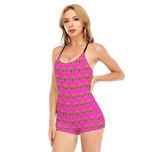 Rossolini1 Hot Pink Women's Backless Romper With Black Straps